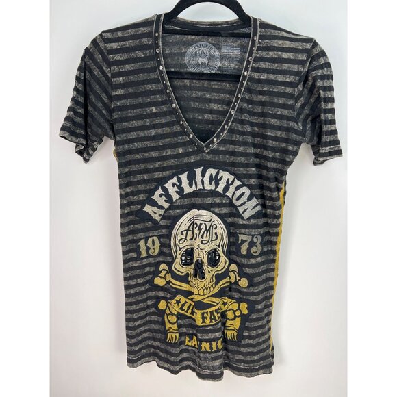 Affliction American Custom Live Fast Skull Stripe Shirt L Black/Grey - Picture 1 of 4